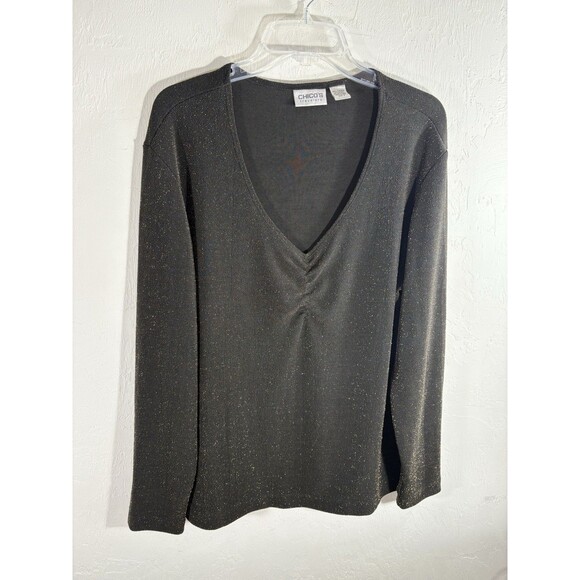 Chico’s Travelers Black Gold Metallic V neck Sz 3  X-Large Womans Blouse Stretch - Picture 1 of 7